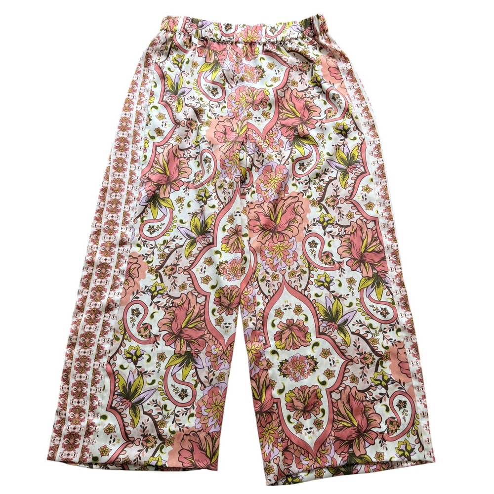 Womens Pink Floral Paisley Wide Leg Pants Size M Beach Resort Cruise Boho Fairy
